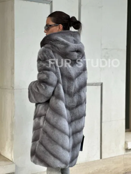Норковая шуба с капюшоном - цвет PLATINUM (СЕРЫЙ) - фото 4