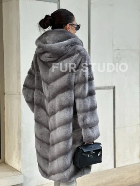 Норковая шуба с капюшоном - цвет PLATINUM (СЕРЫЙ) - фото 2