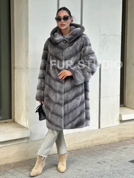 Норковая шуба с капюшоном - цвет PLATINUM (СЕРЫЙ) - фото 0