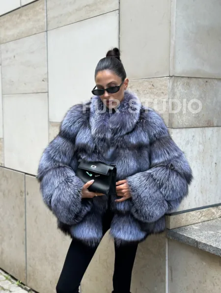 Шуба из меха чернобурки - стойка воротник - фото 5