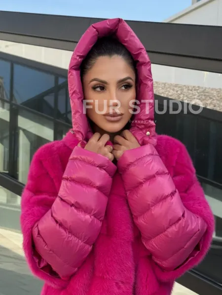 Норковая куртка трансформер 2в1 - цвет фуксия - фото 4