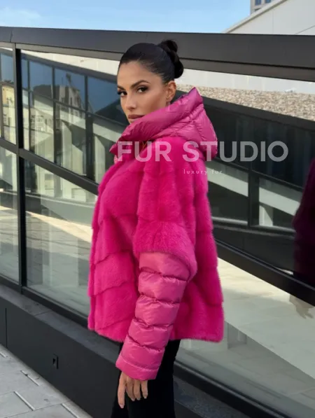 Норковая куртка трансформер 2в1 - цвет фуксия - фото 8