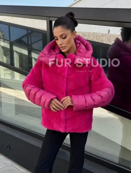 Норковая куртка трансформер 2в1 - цвет фуксия - фото 0