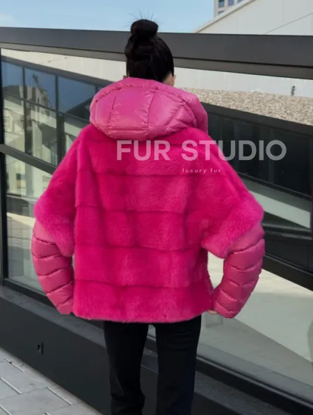 Норковая куртка трансформер 2в1 - цвет фуксия - фото 6