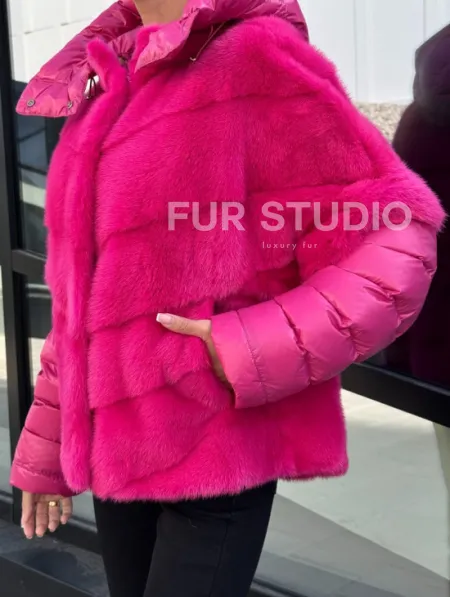 Норковая куртка трансформер 2в1 - цвет фуксия - фото 3