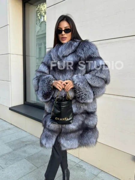 Шуба натуральная из чернобурки стойка воротник - фото 0