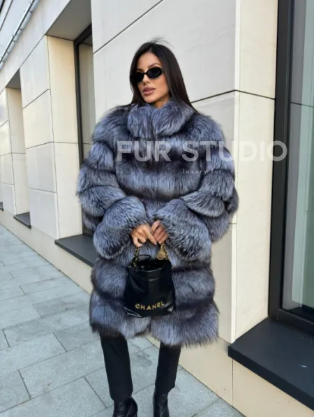 Шуба натуральная из чернобурки стойка воротник - фото 7