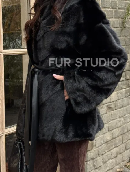 Черный норковый полушубок с воротником V-образным - фото 2