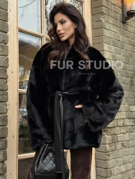 Черный норковый полушубок с воротником V-образным - фото 5