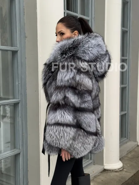 Шуба - пончо из чернобурки с капюшоном - фото 10