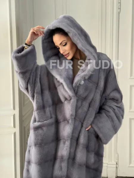 Длинная голубая норковая шуба с капюшоном PLUS SIZE - фото 5