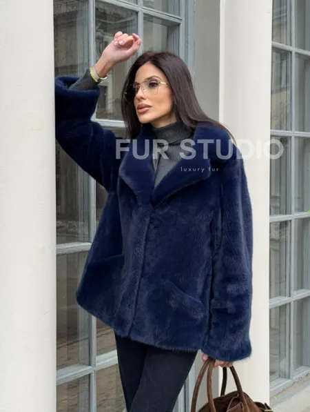 Синий норковый полушубок с английским воротником - фото 10