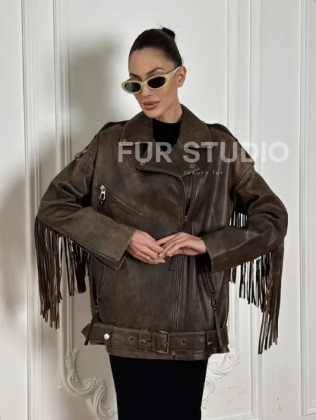 Косуха Vintage brown с кожаной бахромой на спине - фото 6