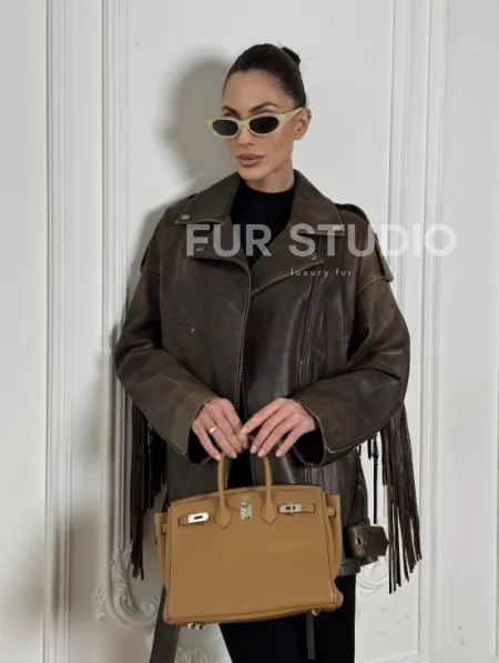 Косуха Vintage brown с кожаной бахромой на спине - фото 7