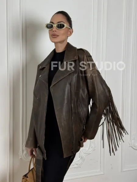 Косуха Vintage brown с кожаной бахромой на спине - фото 4