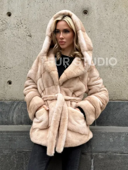 Женский норковый полушубок Premium fur с капюшоном 