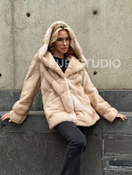 Женский норковый полушубок Premium fur с капюшоном 