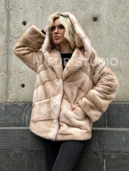 Женский норковый полушубок Premium fur с капюшоном 