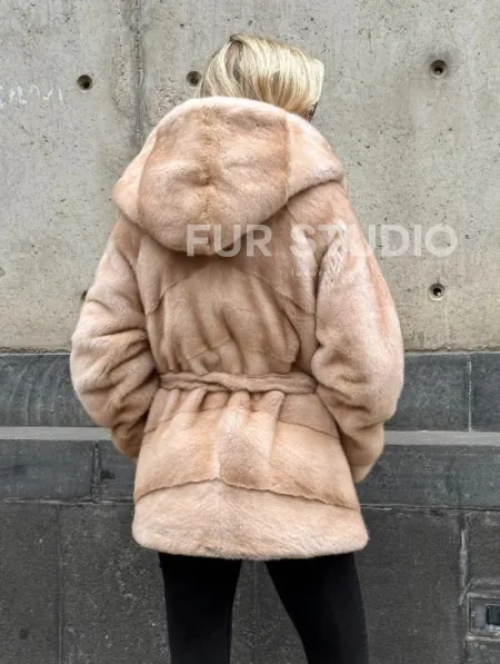 Женский норковый полушубок Premium fur с капюшоном 