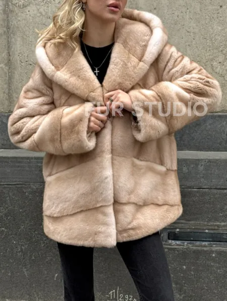 Женский норковый полушубок Premium fur с капюшоном 