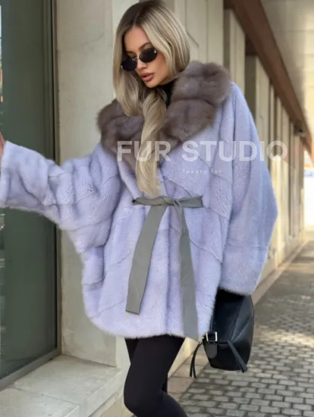 Шуба из норки короткая с куницей воротник - фото 2