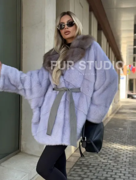 Шуба из норки короткая с куницей воротник - фото 6