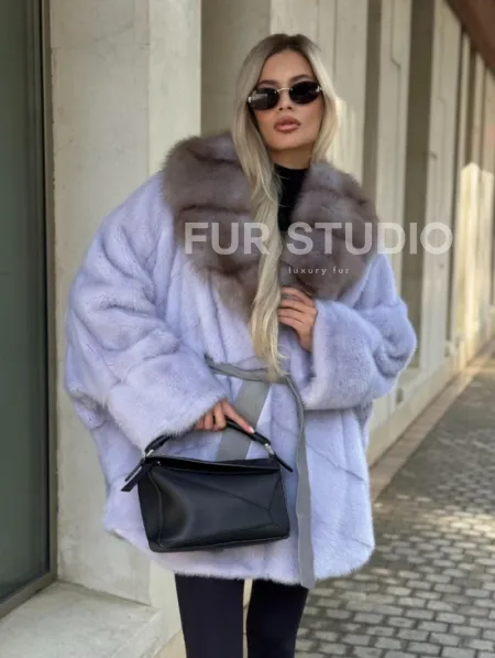 Шуба из норки короткая с куницей воротник - фото 0