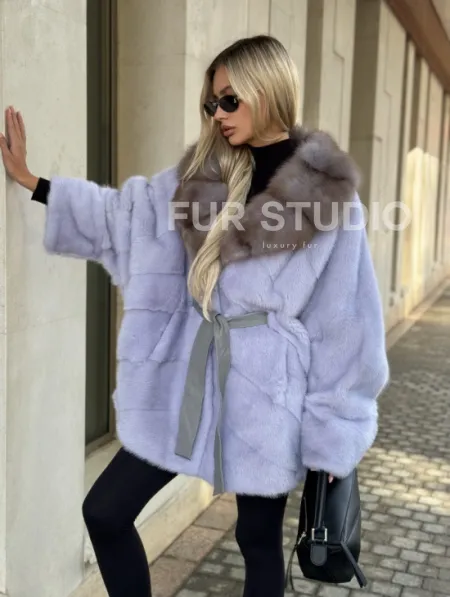 Шуба из норки короткая с куницей воротник - фото 3