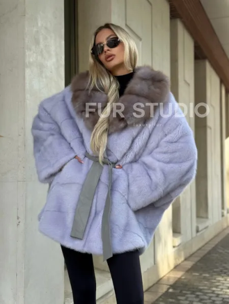 Шуба из норки короткая с куницей воротник - фото 8