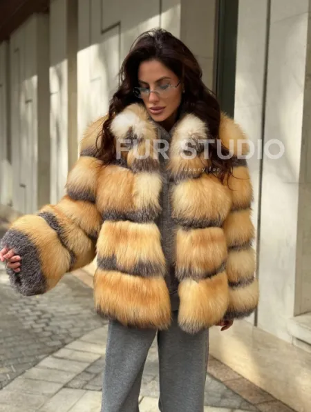 Полушубок из меха лисы Golden-grey fox стойка воротник - фото 5