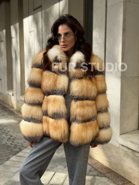 Полушубок из меха лисы Golden-grey fox стойка воротник - фото 8