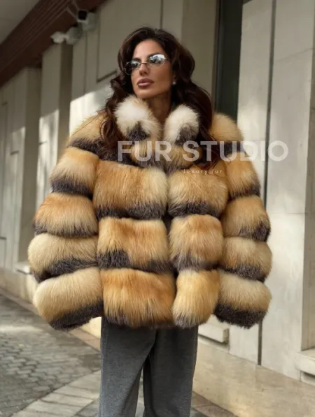 Полушубок из меха лисы Golden-grey fox стойка воротник - фото 0