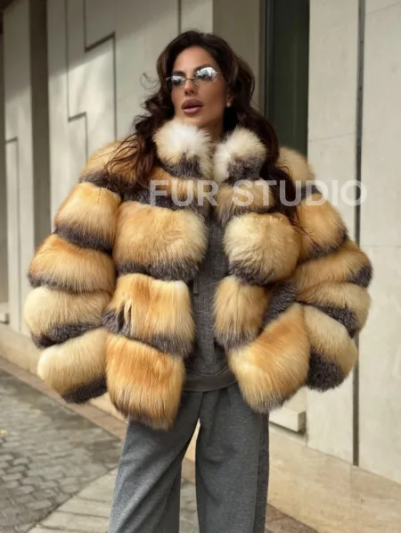 Полушубок из меха лисы Golden-grey fox стойка воротник - фото 4