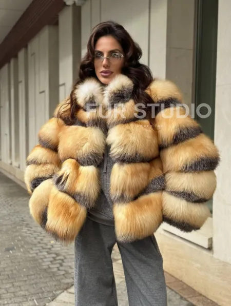 Полушубок из меха лисы Golden-grey fox стойка воротник - фото 7