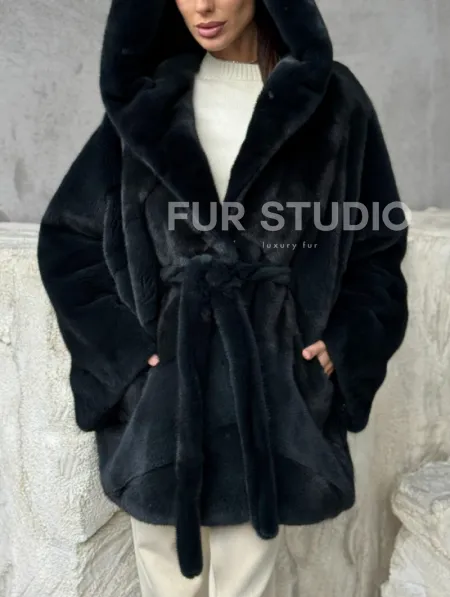 Шуба норковая летучая мышь с капюшоном - фото 1