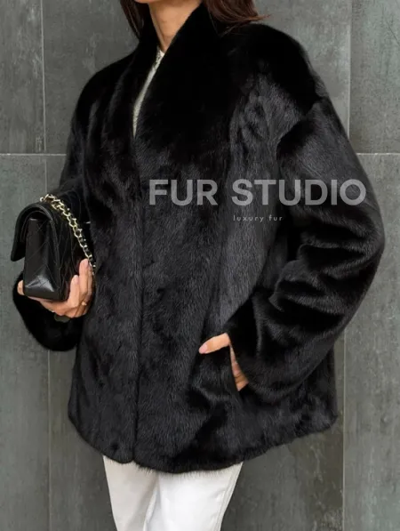 Черный норковый полушубок V-образный воротник - фото 1