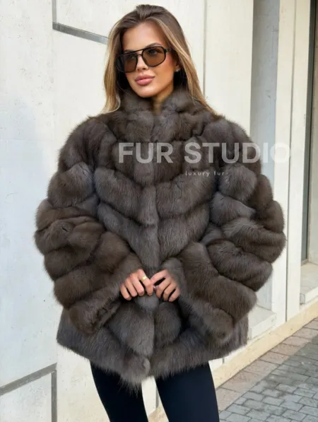 Шуба из куницы в цвете соболь - рукава косичкой - фото 0