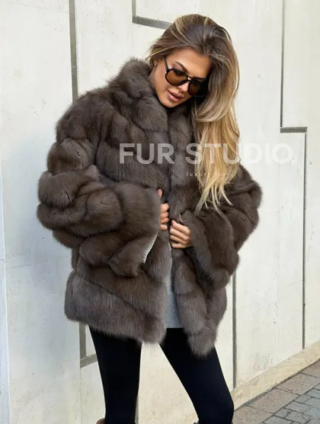 Шуба из куницы в цвете соболь - рукава косичкой - фото 4