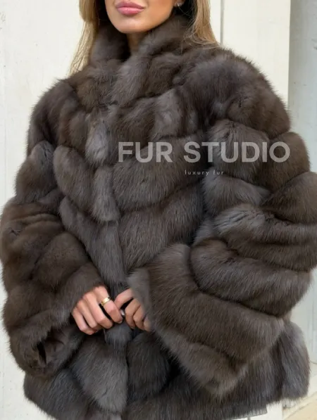 Шуба из куницы в цвете соболь - рукава косичкой - фото 1