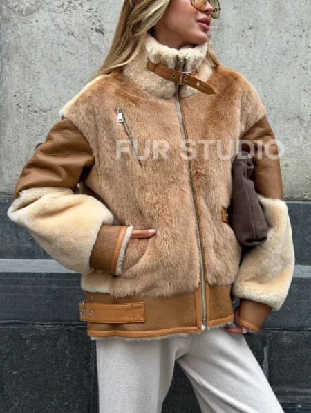 Комбинированная дубленка из овчины и норки - фото 5