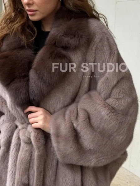 Норковая шуба летучка - воротник куница - фото 2