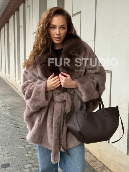 Норковая шуба летучка - воротник куница - фото 9