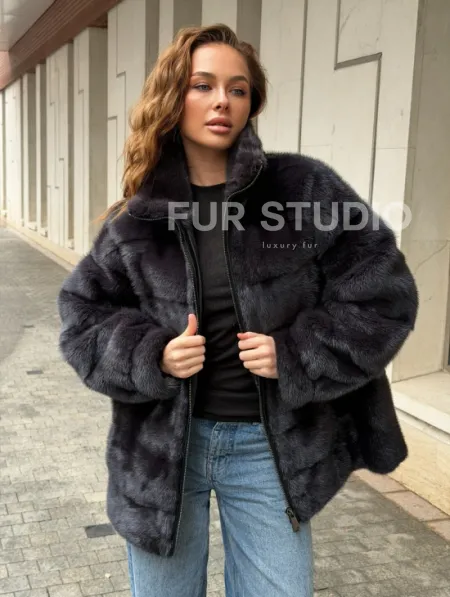 Норковая куртка на молнии - графит - фото 8