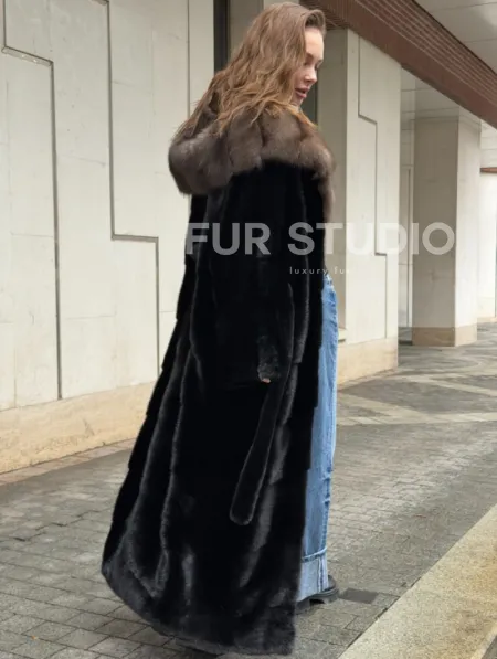 Длинная норковая шуба - кимоно с капюшоном куница - фото 2