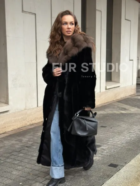 Длинная норковая шуба - кимоно с капюшоном куница - фото 11