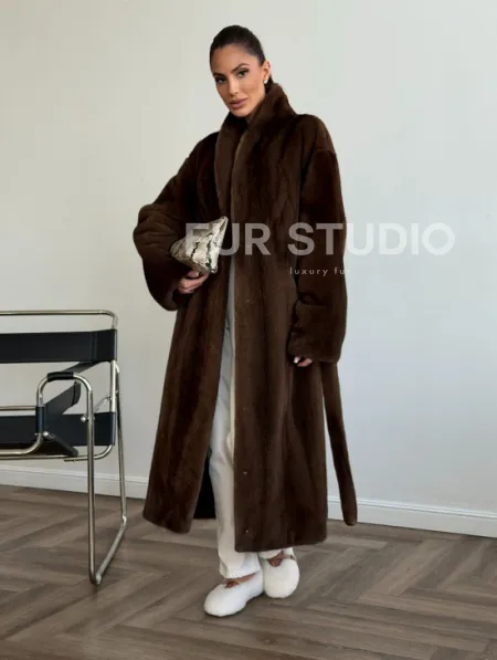 Шуба норковая в роспуск с меховым поясом - фото 5