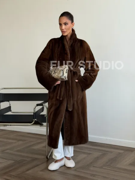 Шуба норковая в роспуск с меховым поясом - фото 10