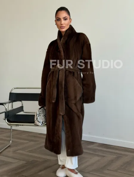 Шуба норковая в роспуск с меховым поясом - фото 0