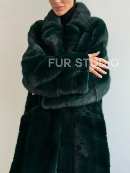 Зеленая норковая шуба - английский воротник - фото 3