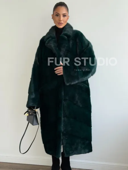Зеленая норковая шуба - английский воротник - фото 6